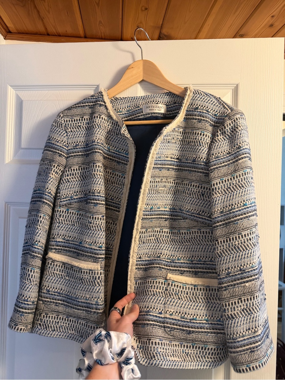 Cream and Navy Wool Textured Open-Front Blazer